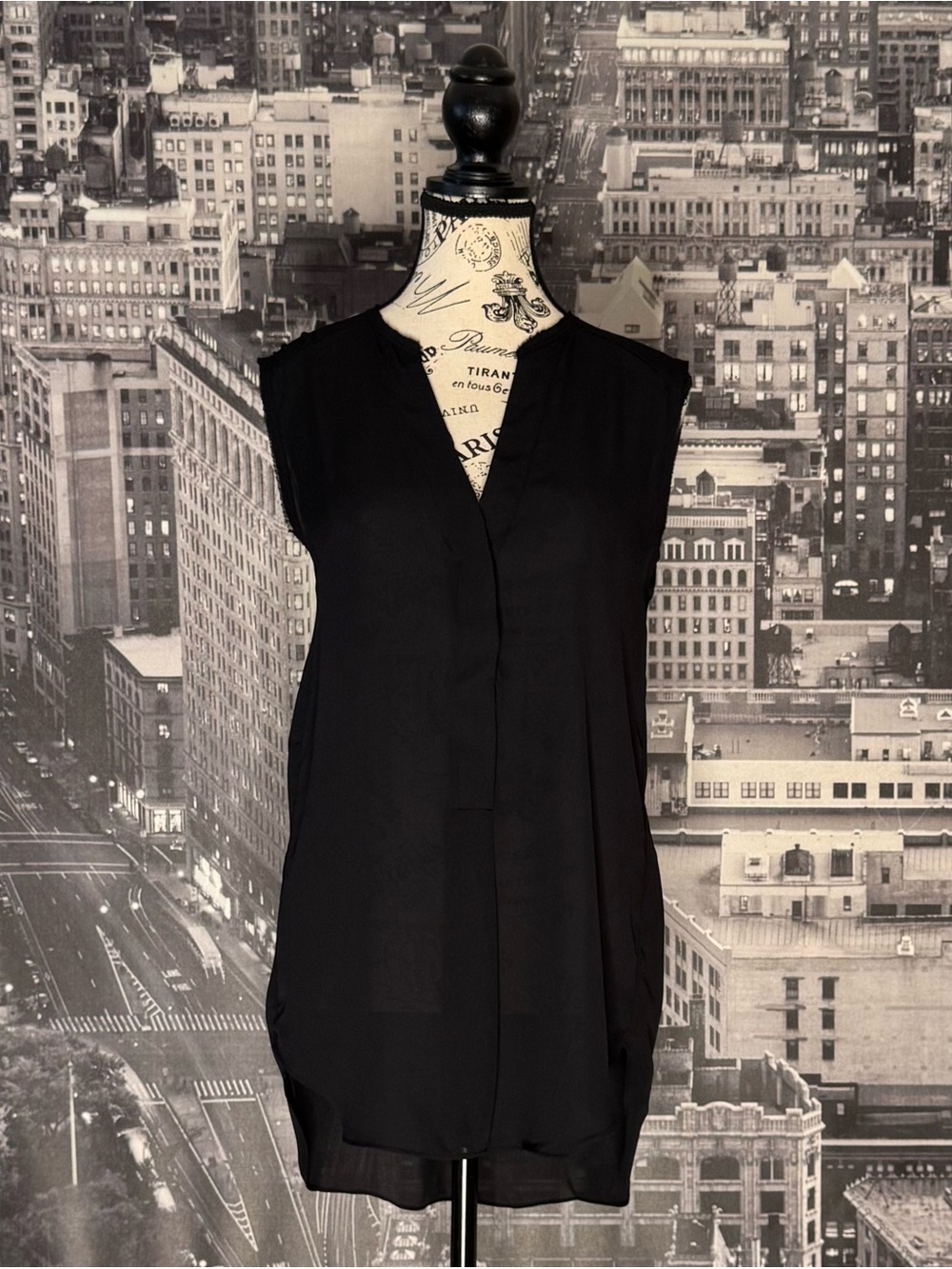 Black Raw-Edge Sleeveless Longline Hi-Low Blouse
